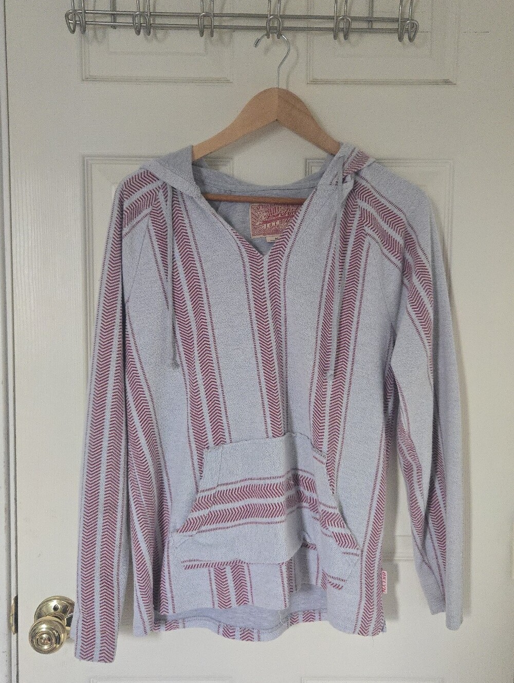 Light Gray and Red Striped Hoodie Sweater